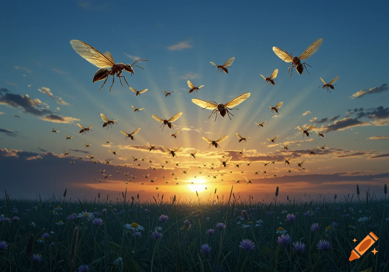 Numerous winged ants swarm in the sky above a wildflower field during sunset.