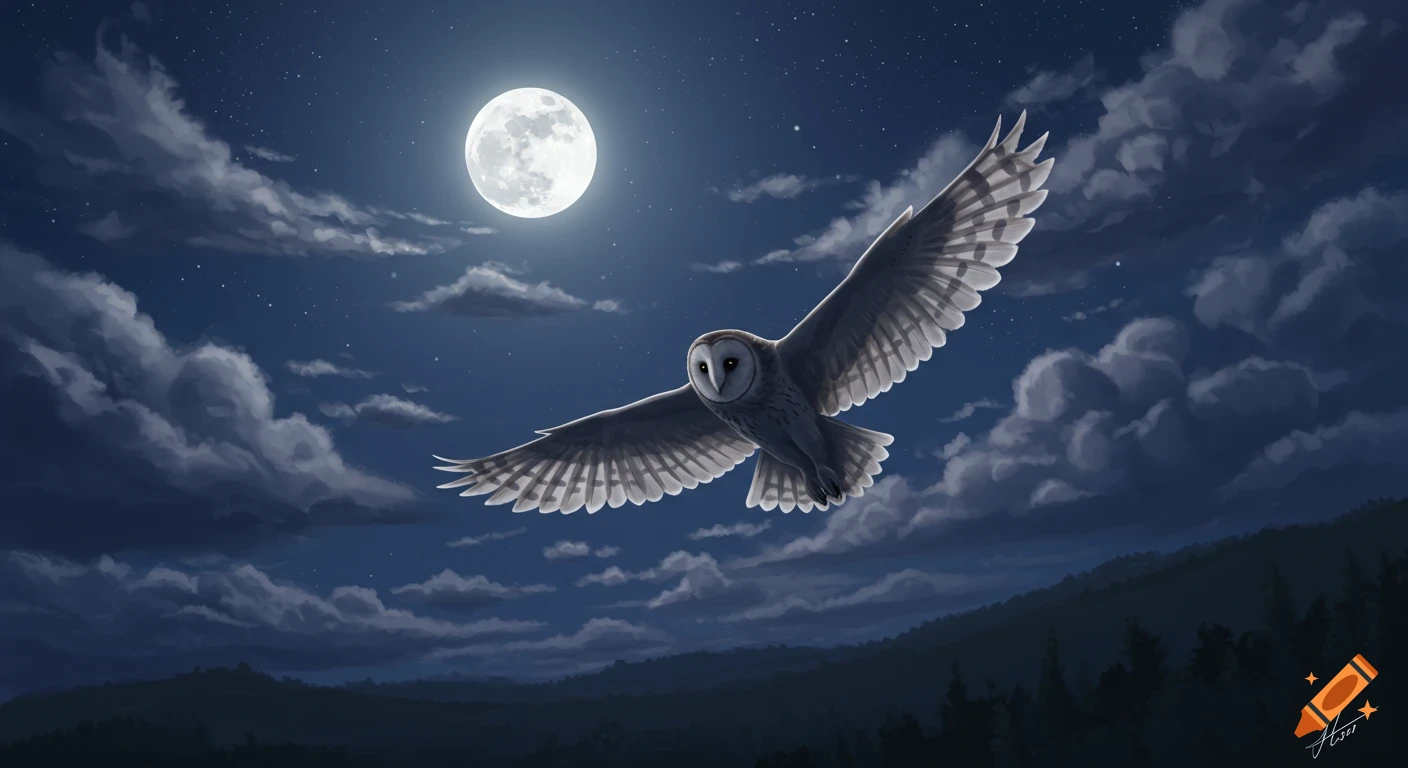 A barn owl with outstretched wings flies across a dark night sky under a large, bright full moon and scattered clouds.