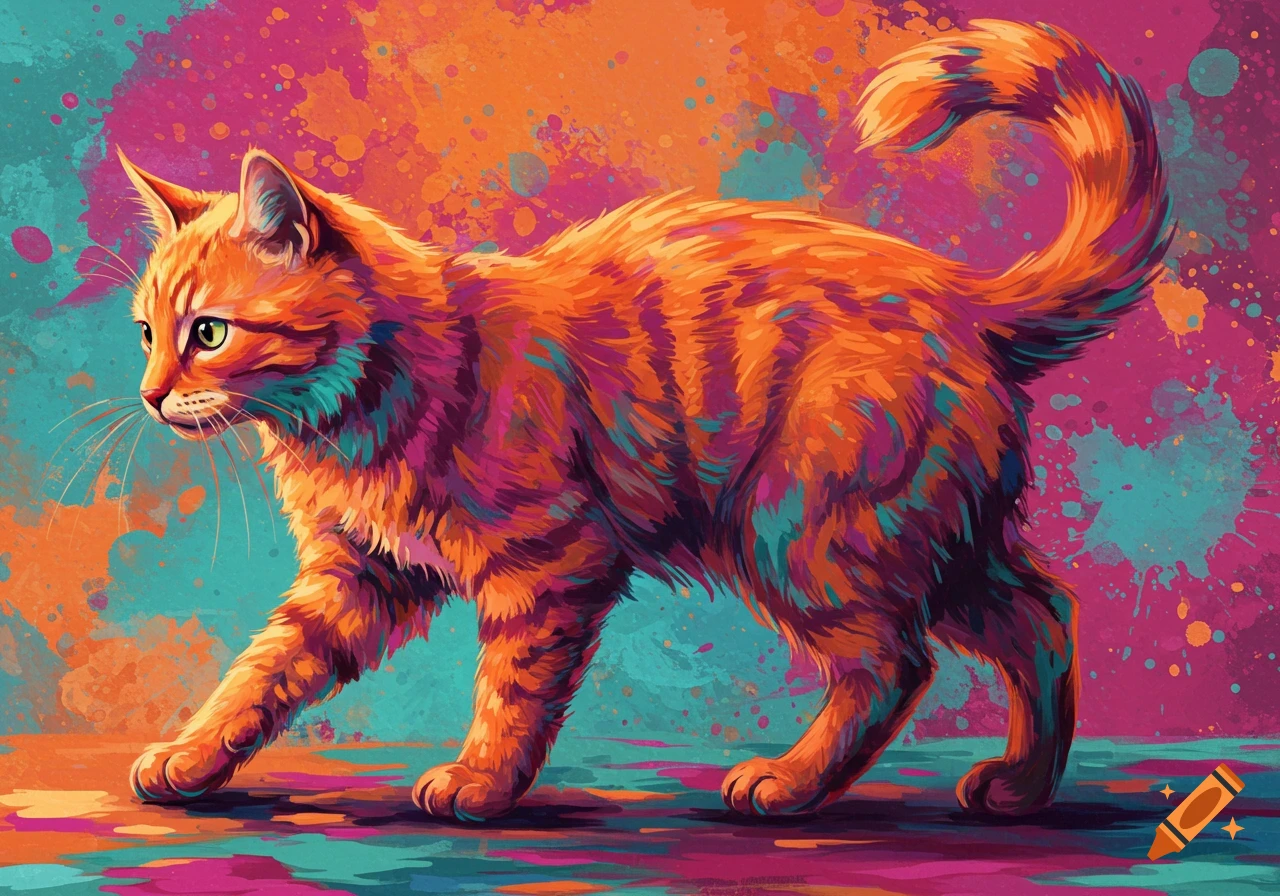 A vibrant, abstract painting of an orange cat with multicolored fur against a splattered background.