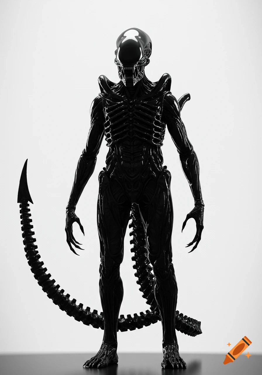 A glossy black Xenomorph creature with a ribbed body and long tail stands on a white background.