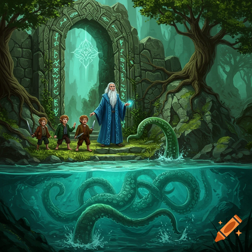 A wizard and three hobbits face a giant tentacled creature emerging from water near a glowing stone archway in a magical forest.