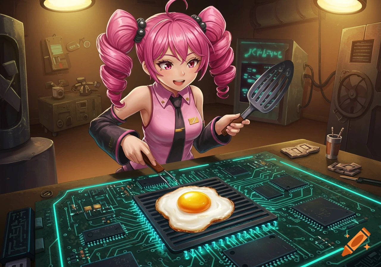 An anime character with pink pigtails and a pink uniform grills a sunny-side-up egg on a glowing circuit board in a dimly lit tech lab.