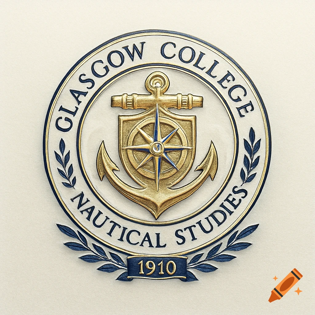 Embossed crest for Glasgow College of Nautical Studies with a golden anchor, compass rose, and the date 1910.
