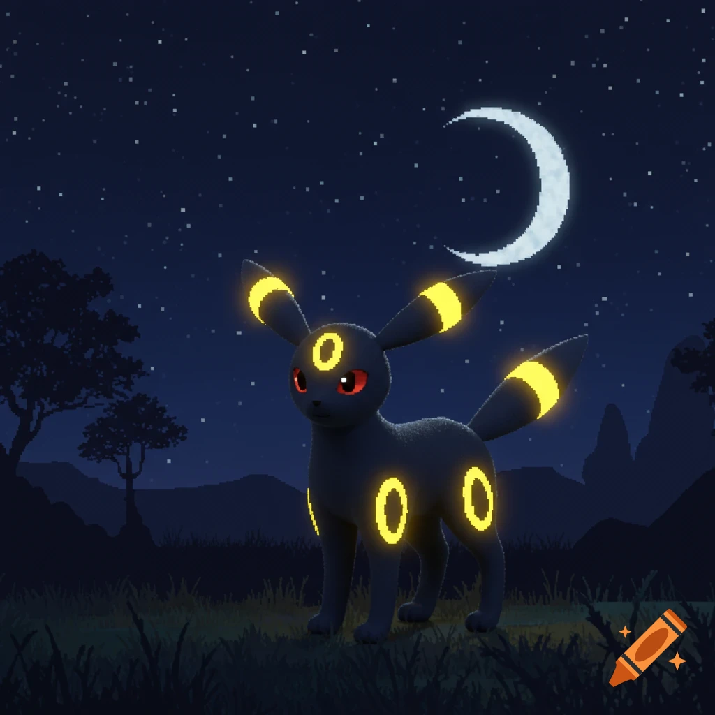 A pixel art image of Umbreon, a black Pokemon with yellow rings, standing in a field at night under a crescent moon.