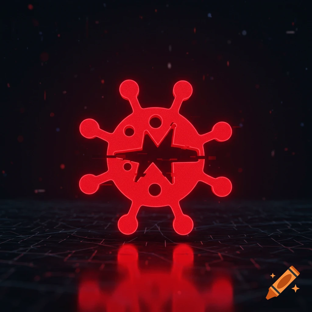 A stylized red computer virus symbol glows on a dark, reflective digital grid background.