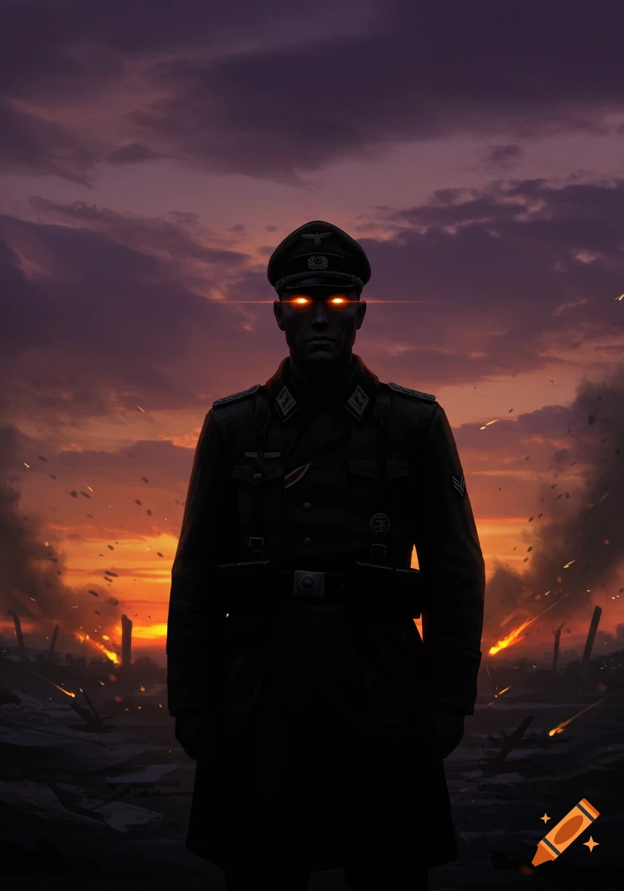 Dark silhouette of a WW2 German soldier with glowing orange eyes, standing on a battlefield against a fiery sunset.