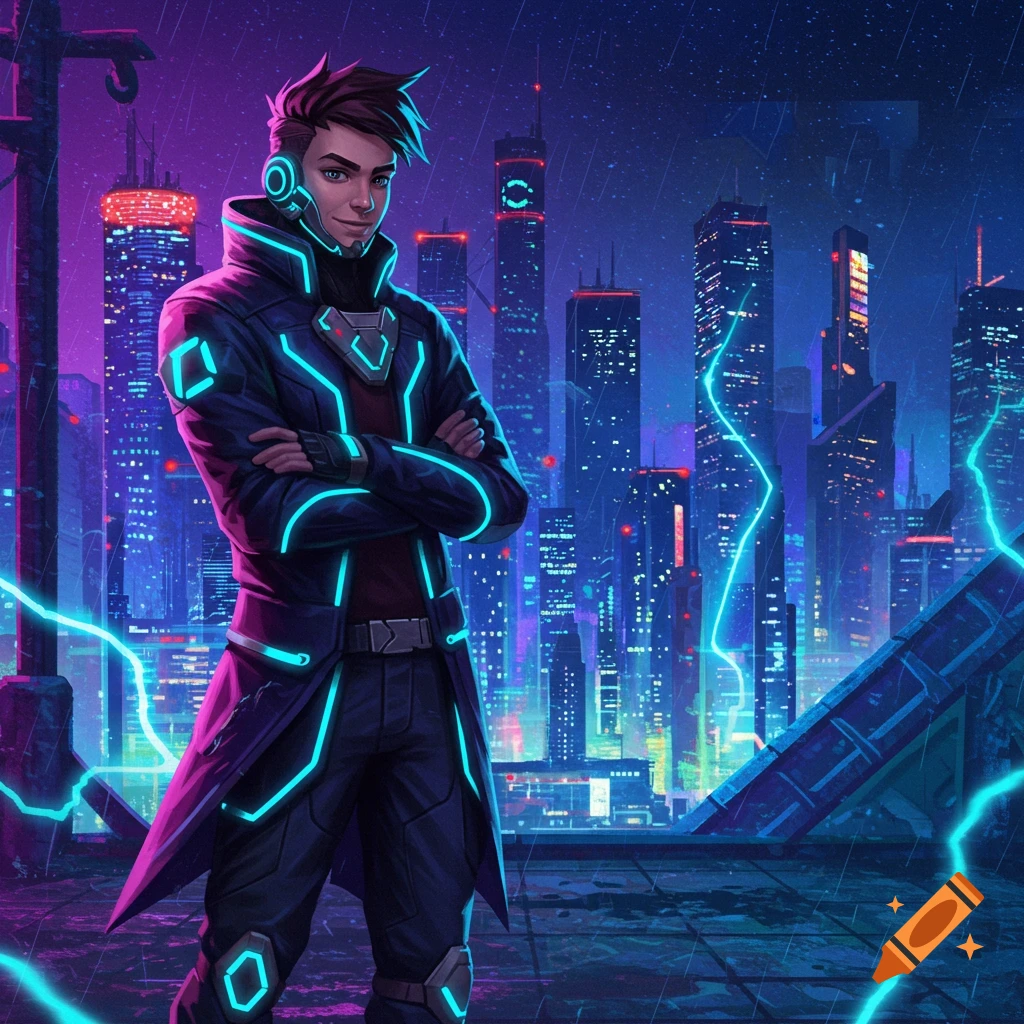 A male character with glowing neon blue accents on his outfit stands in a futuristic cyberpunk city at night.