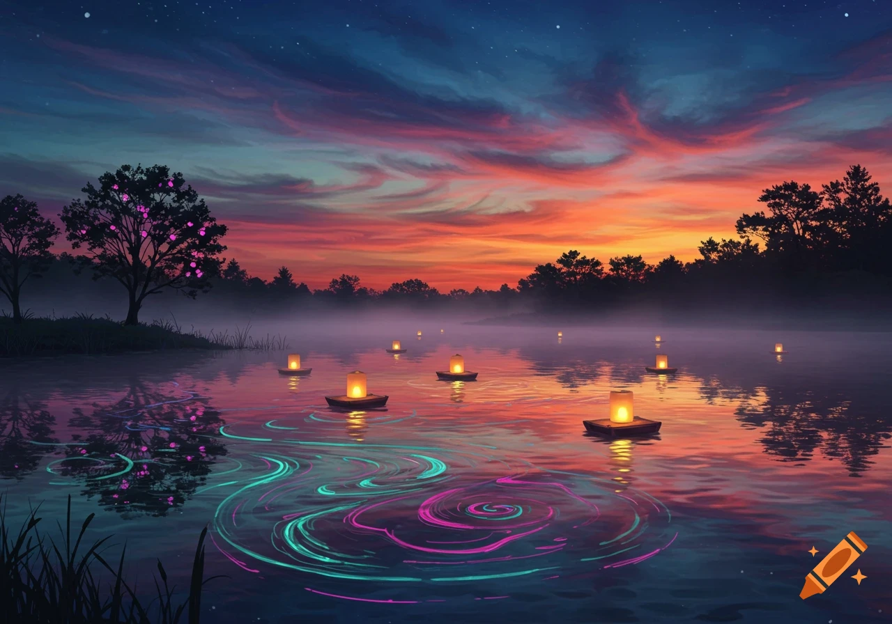 A serene lake at twilight with a colorful sunset sky, floating lanterns, and vibrant neon swirls on the water.
