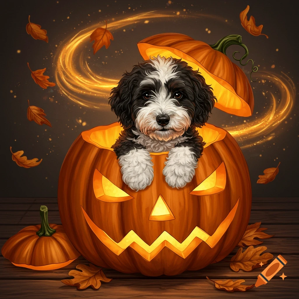 A black and white sheepadoodle dog sits inside a glowing jack-o'-lantern surrounded by fall leaves and orange light.