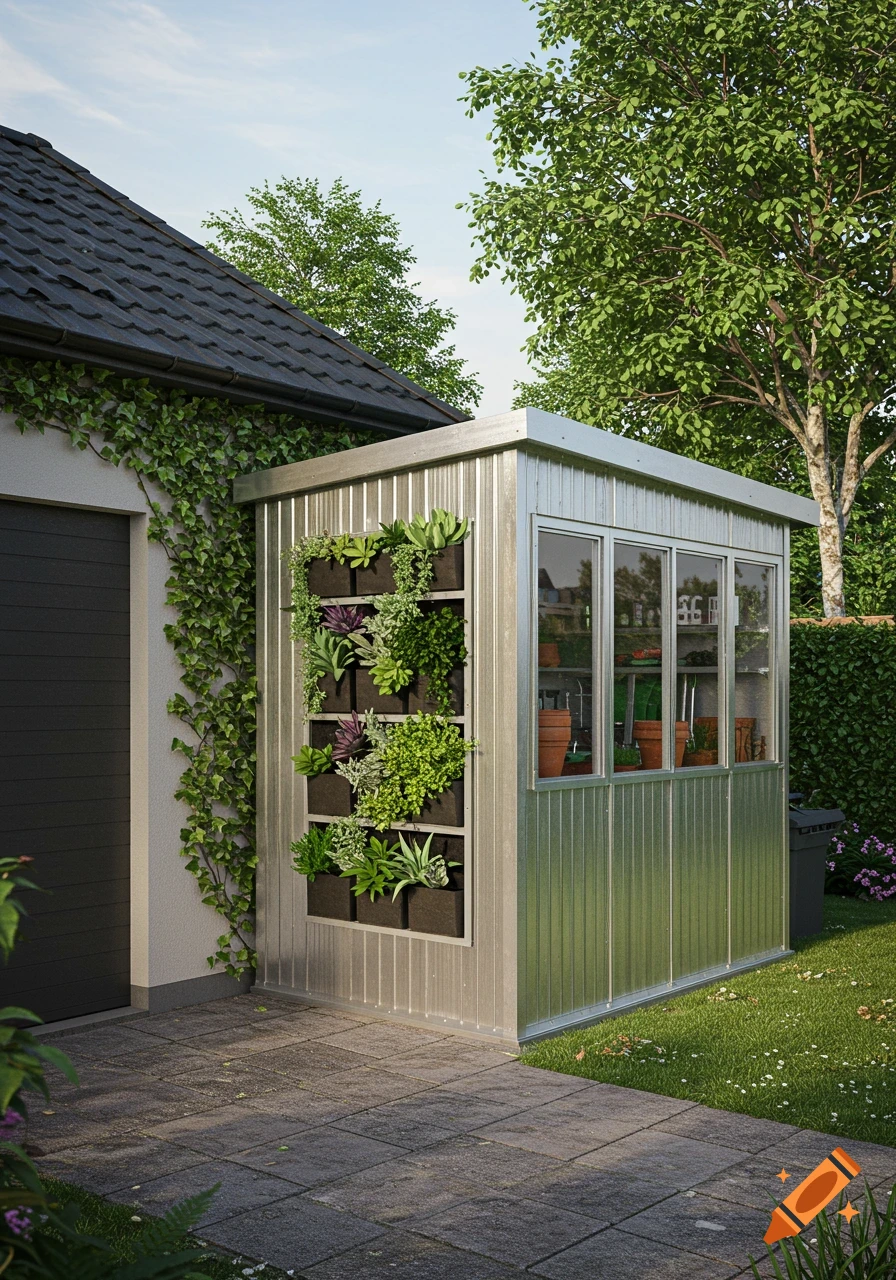 Photorealistic image of a lean-to garden shed with a vertical plant wall next to a garage in a backyard.