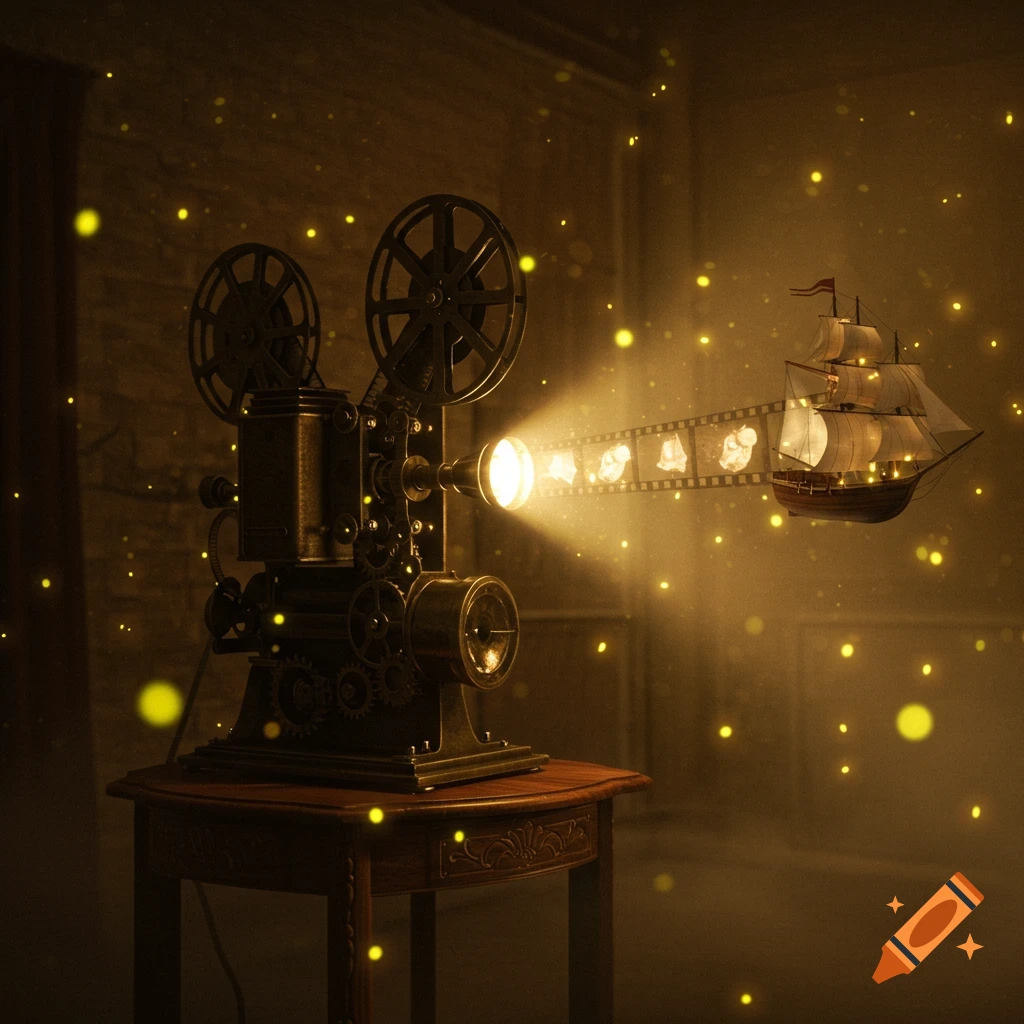 Vintage film projector projects a luminous sailing ship, surrounded by glowing golden particles in a dark, atmospheric room.