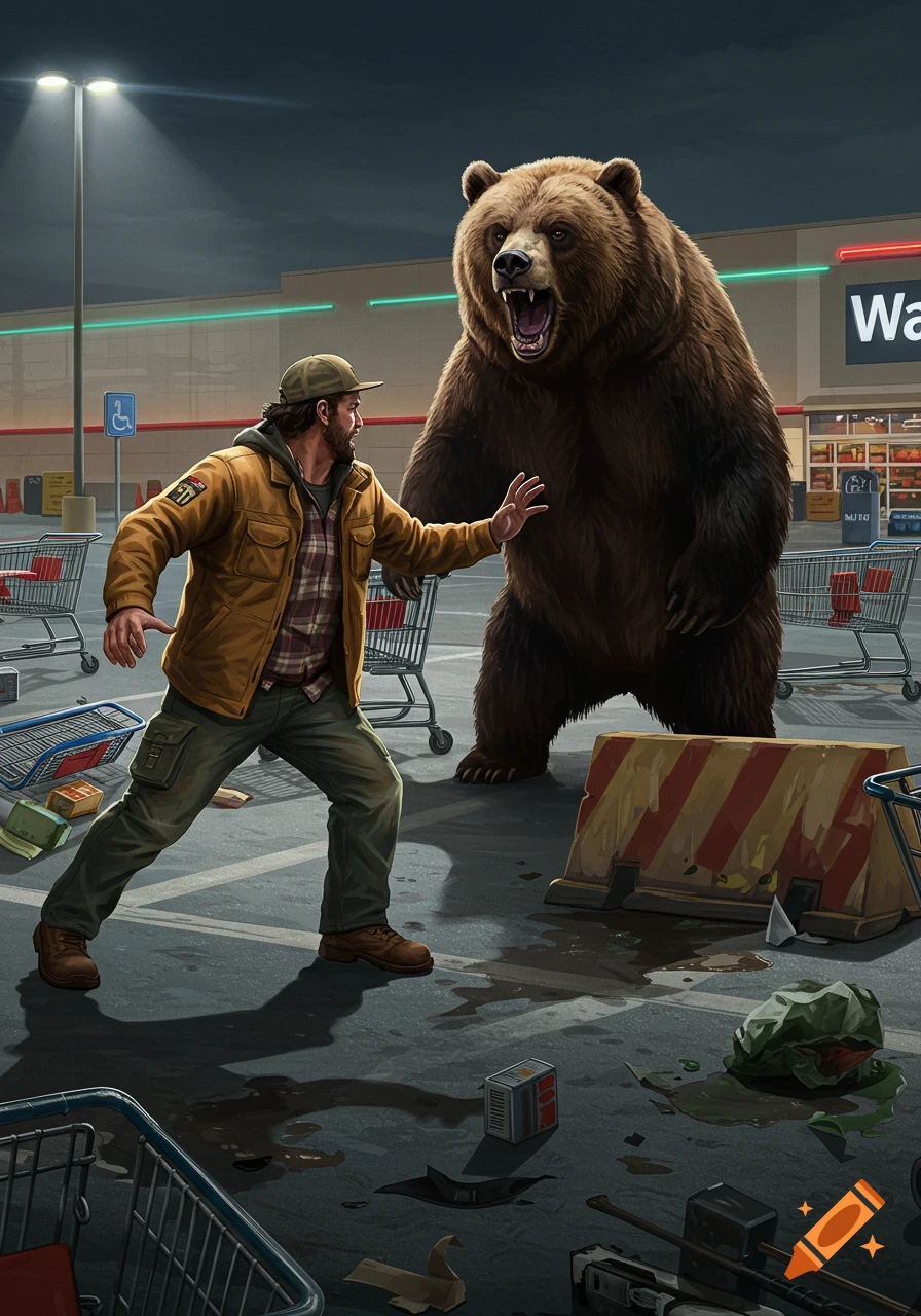 A man confronts a roaring brown bear in a chaotic Walmart parking lot at night, amidst overturned carts, in a digital art style.