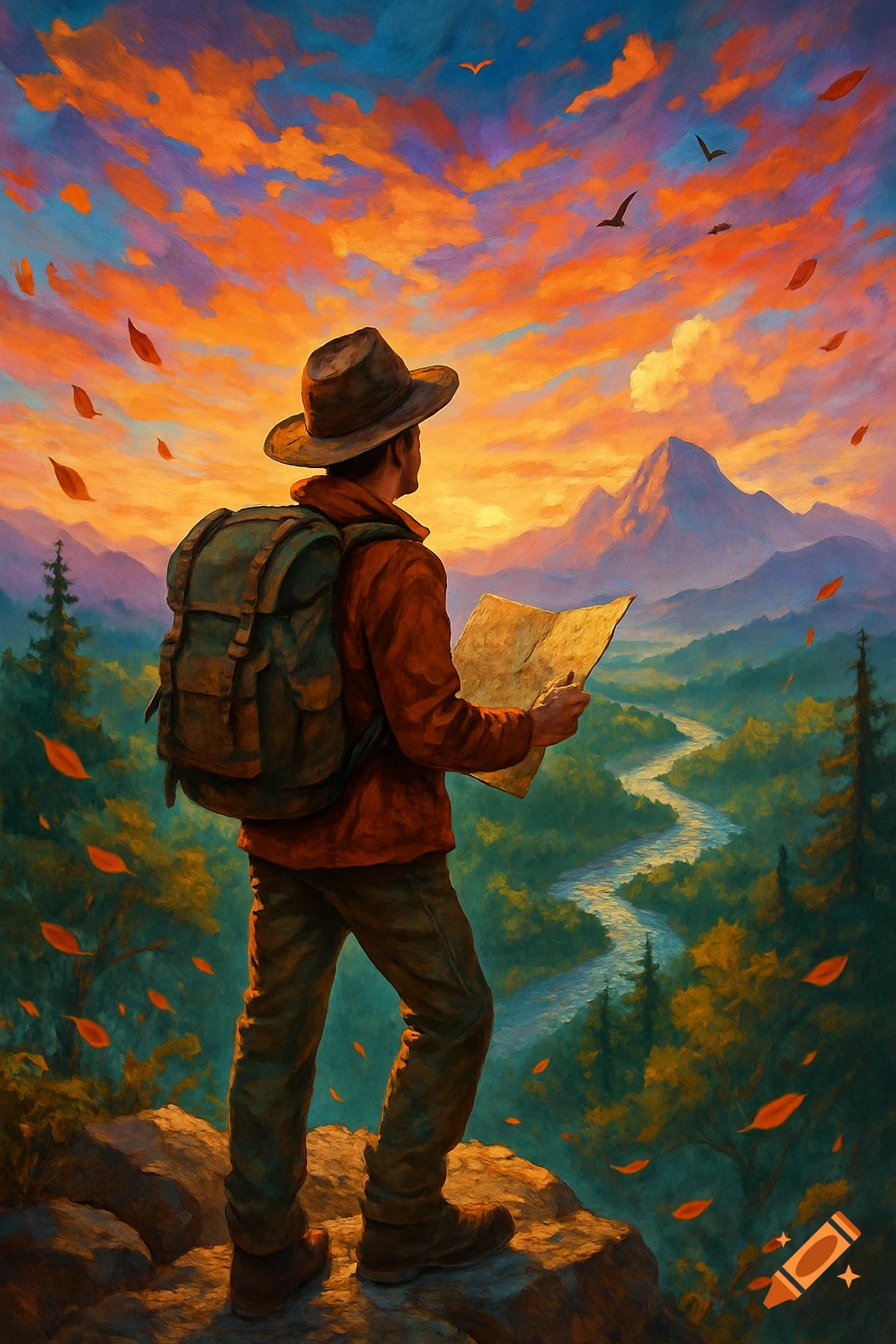 Painting of a hiker with a backpack and map overlooking a mountain valley with a winding river and a vibrant sunset sky.