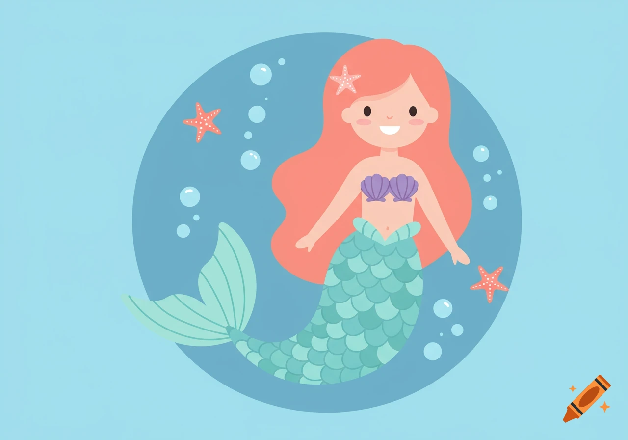 Cute cartoon mermaid with red hair and teal tail surrounded by starfish and bubbles in a blue circle.