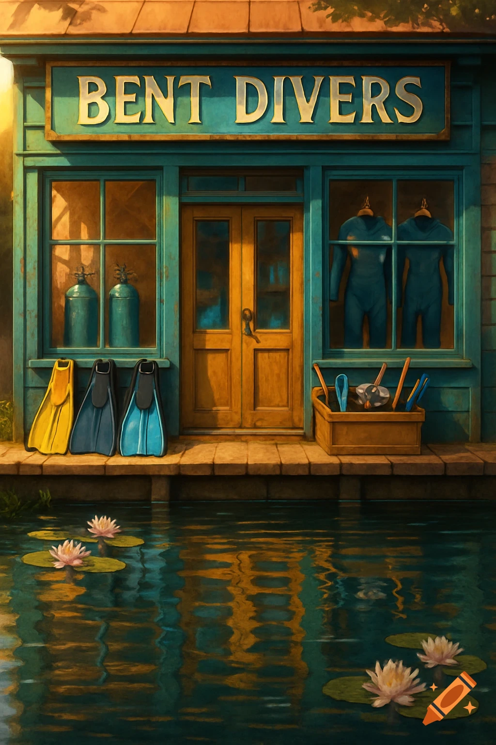 A vibrant painting of a dive shop with 'BENT DIVERS' sign, fins, and wetsuits, overlooking a pond with lily pads.