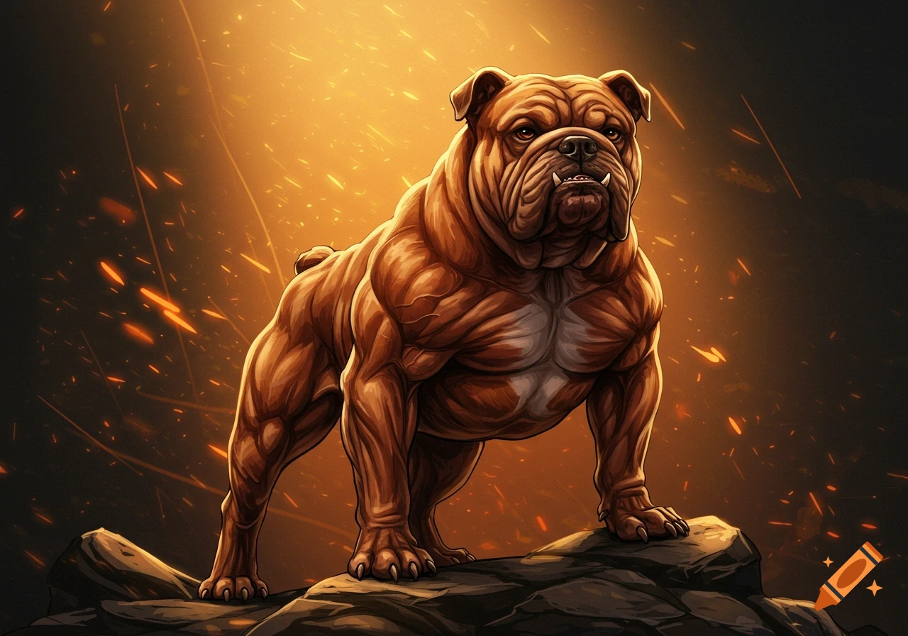 An illustration of a heavily muscled brown bulldog standing on rocks against a fiery orange and black background with sparks.