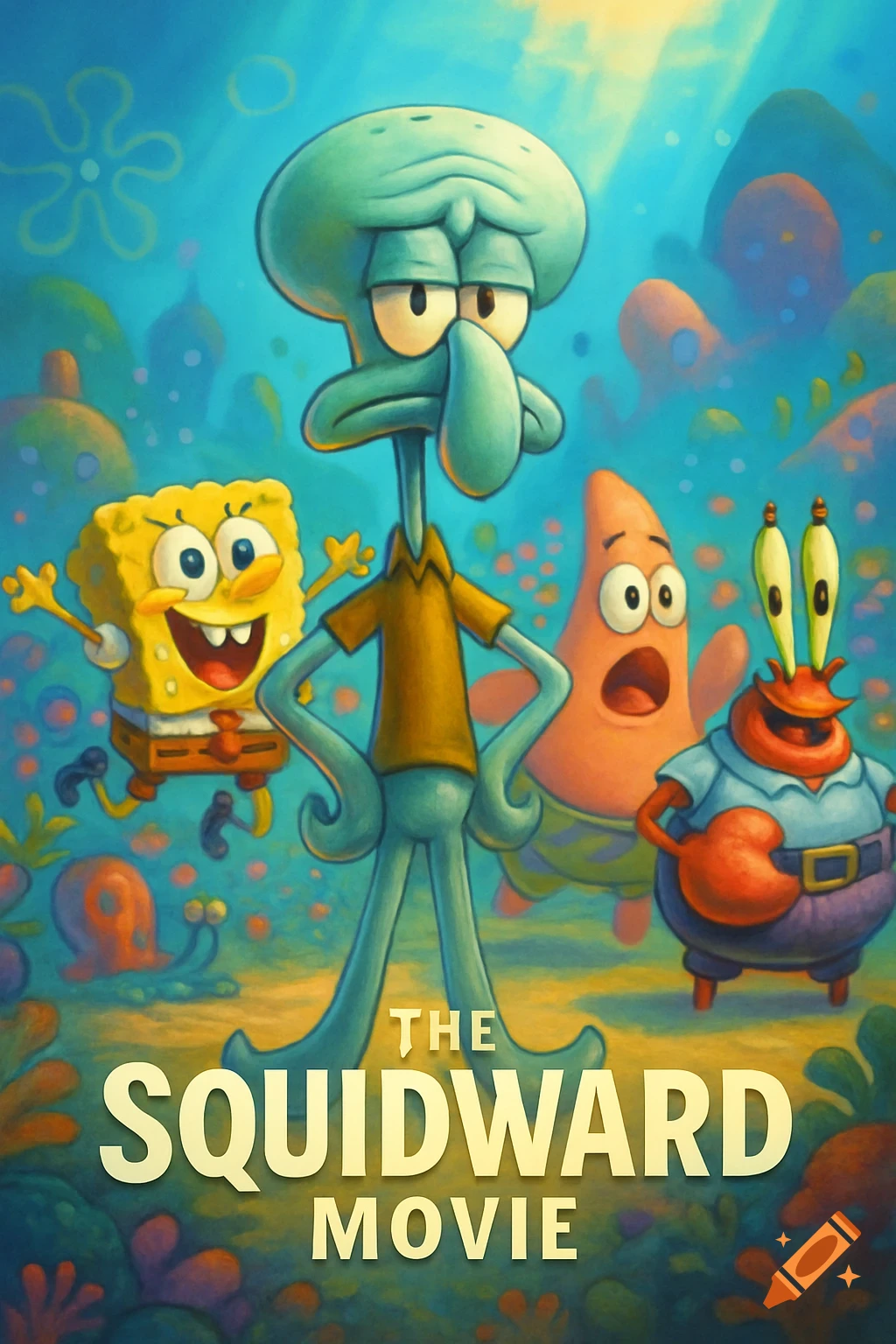 Squidward, SpongeBob, Patrick, and Mr. Krabs underwater in a vibrant, illustrative movie poster for 'The Squidward Movie'.