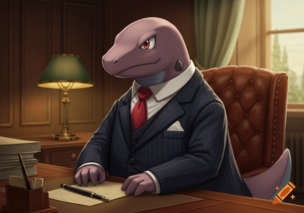 A purple, reptilian creature resembling Gible in a pinstripe suit and red tie sits at a wooden desk in an office.