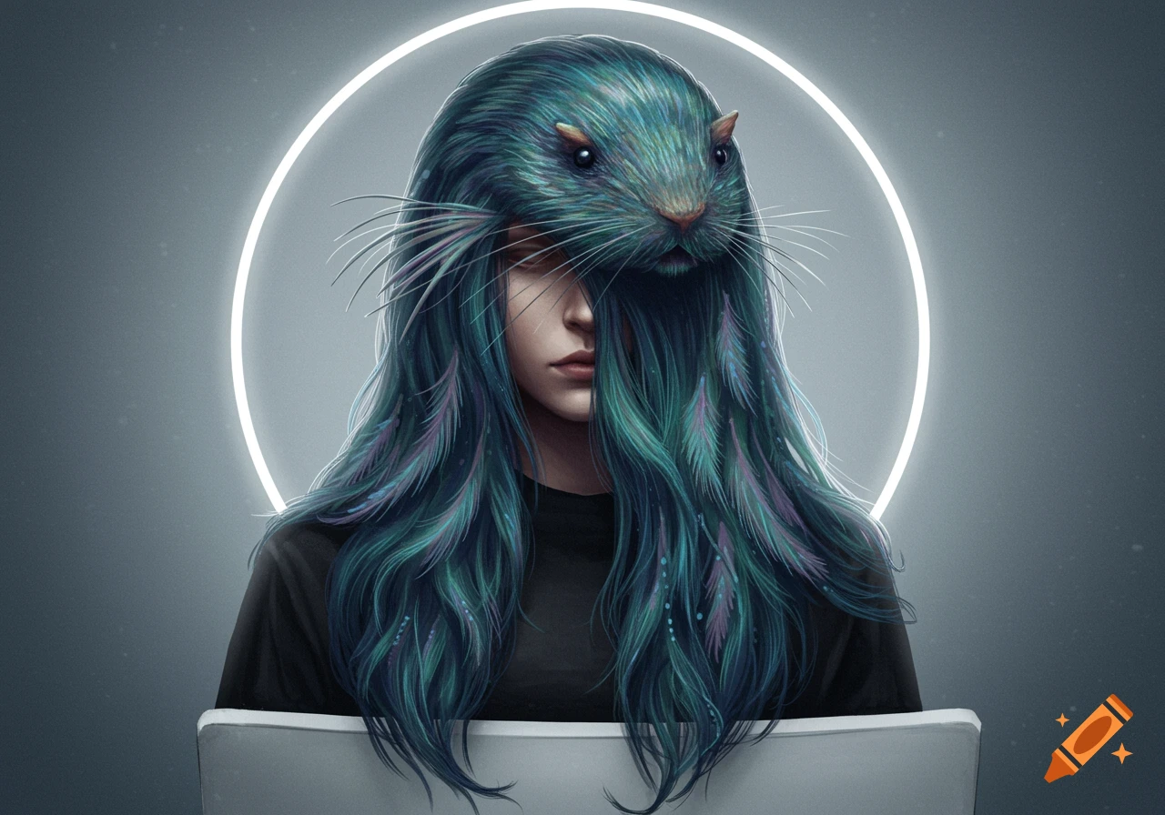 A surreal portrait of a person with long teal hair and a rodent-like head as a hat, illuminated by a white halo.