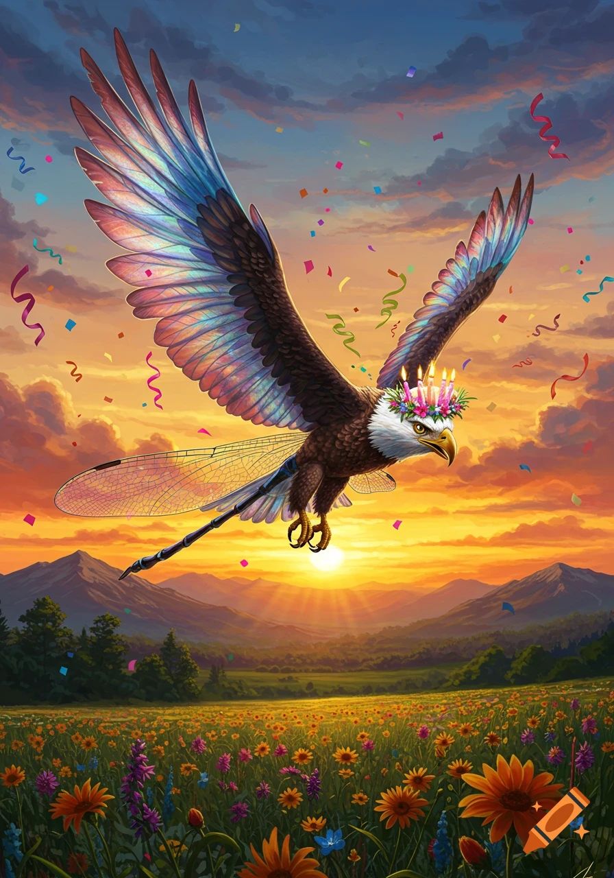 A fantasy bald eagle with dragonfly wings, wearing a birthday crown with candles, flies over a vibrant wildflower field at sunset with confetti.