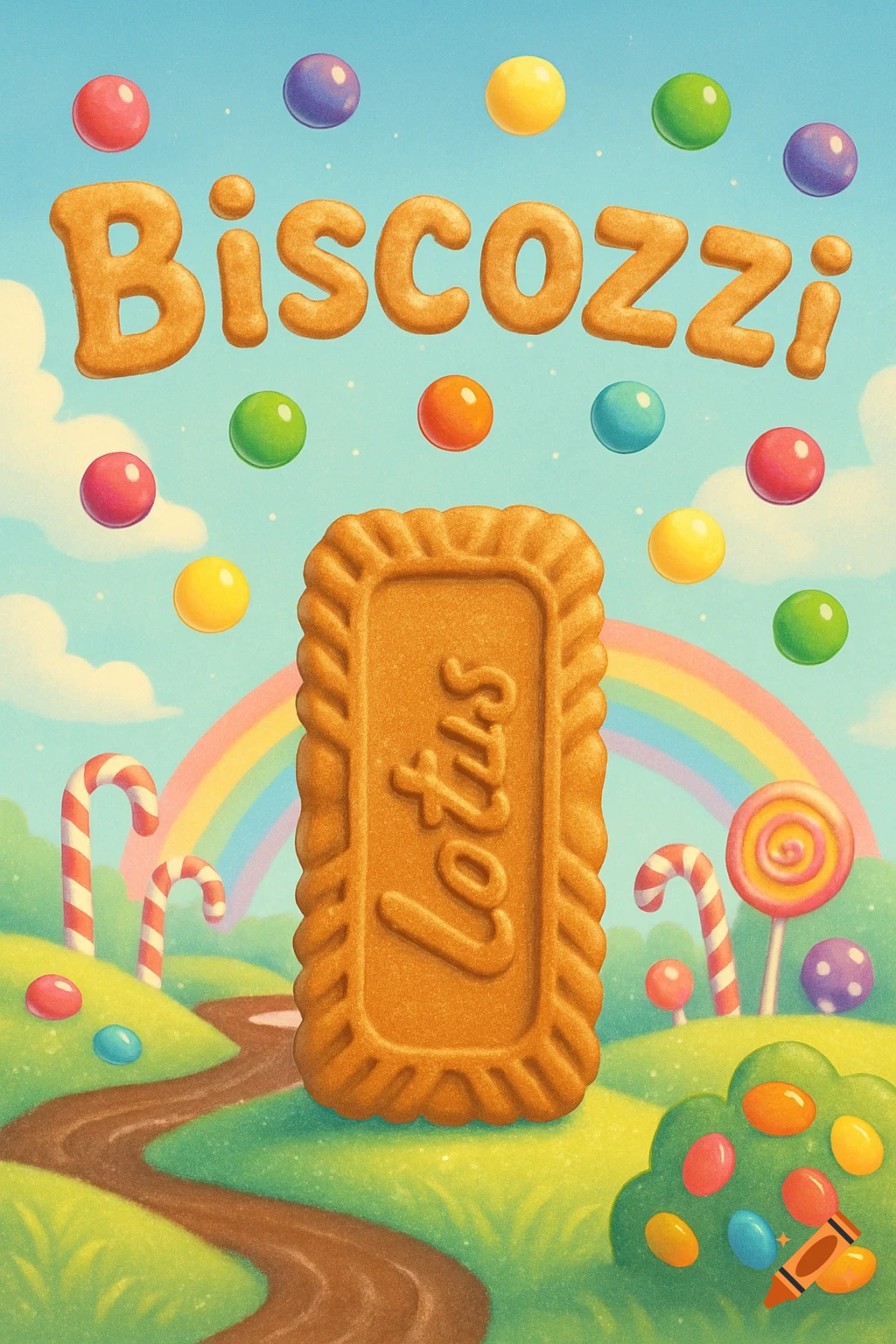 A vibrant candy land illustration featuring a giant Lotus Biscoff biscuit, colorful flying candies, and a rainbow under a blue sky. The text "Biscozzi" floats above.