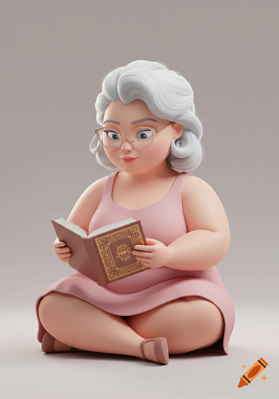 A plump woman with silver hair and glasses, wearing a pink dress, sits cross-legged, reading a book in a 3D animation style.
