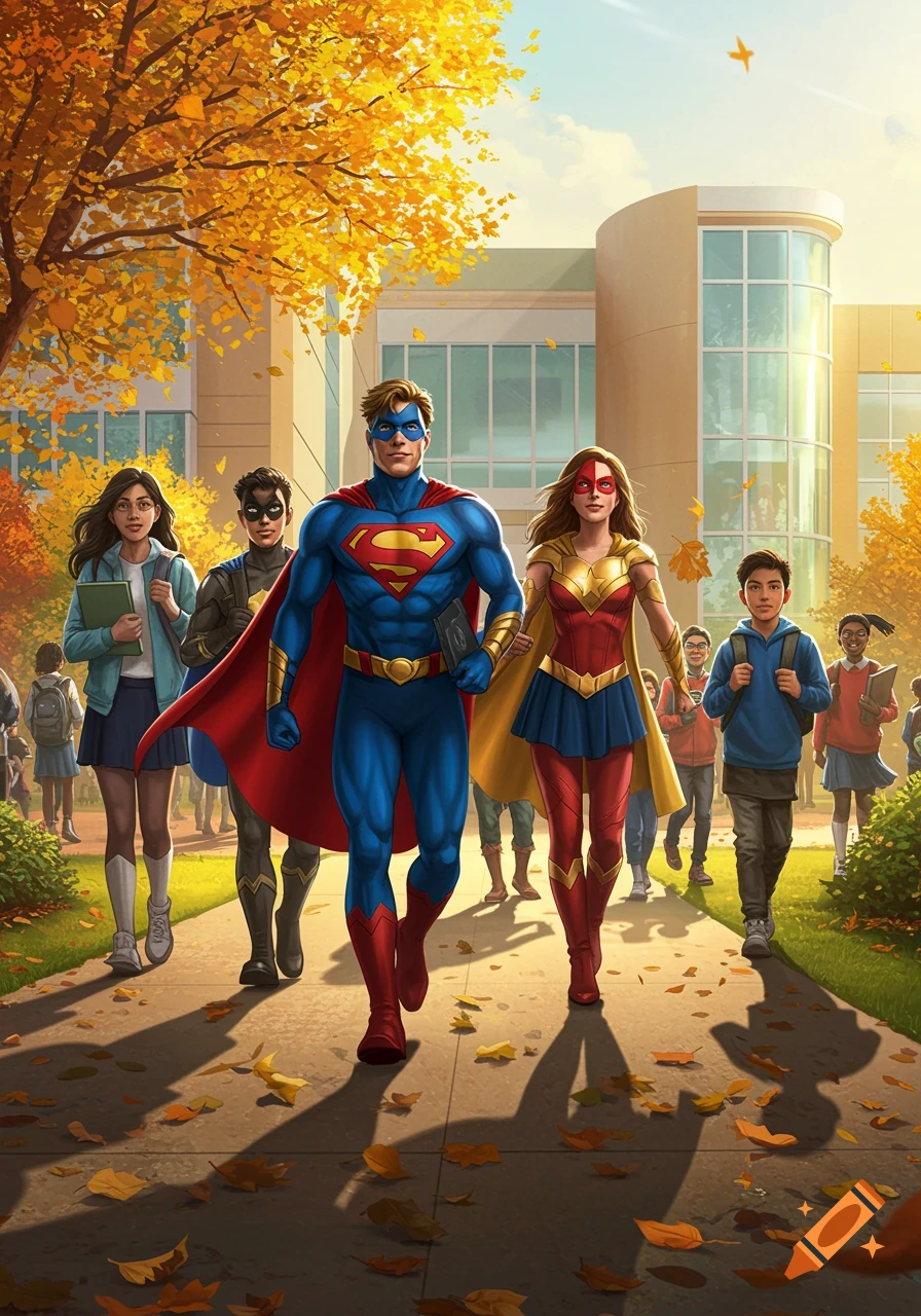 Superman and Wonder Woman characters walk through a school campus in autumn with other students, in a vibrant comic art style.