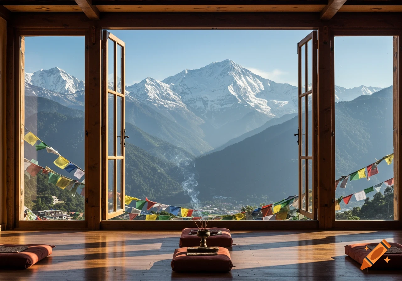 Photorealistic view from a wooden room with open windows overlooking snow-capped mountains, with prayer flags and meditation cushions.