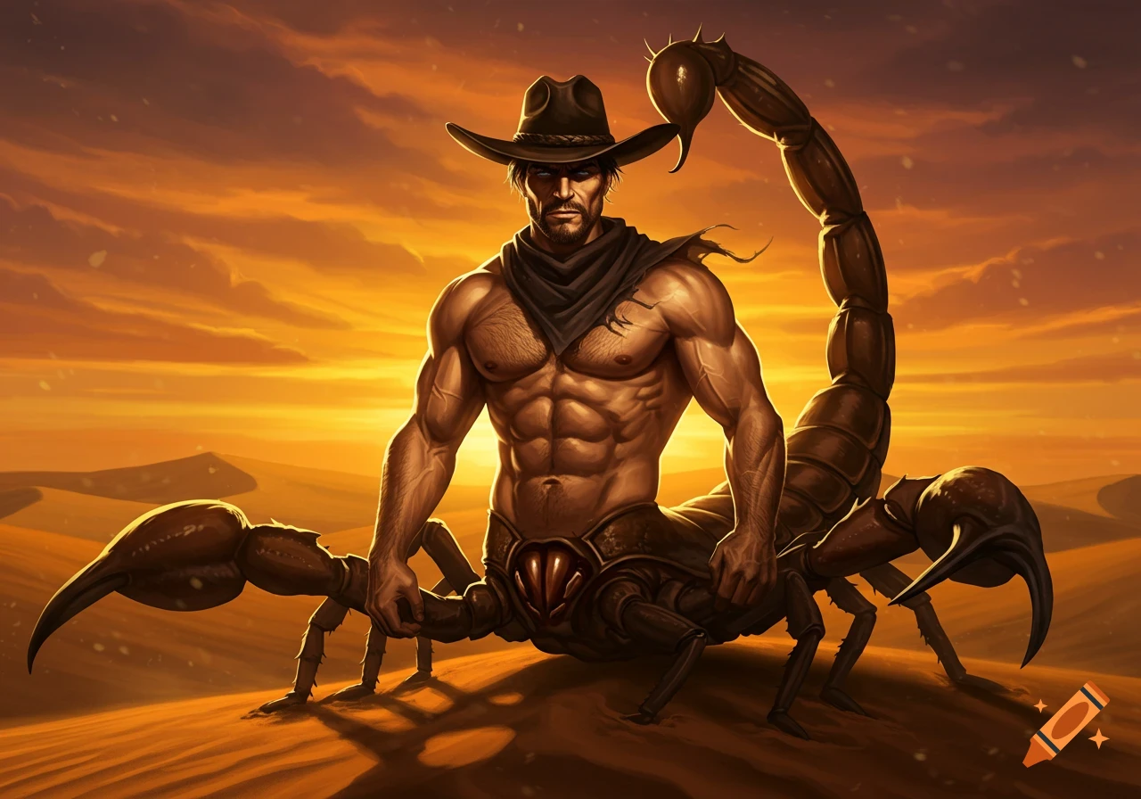 Muscular cowboy-scorpion hybrid in a desert at sunset.