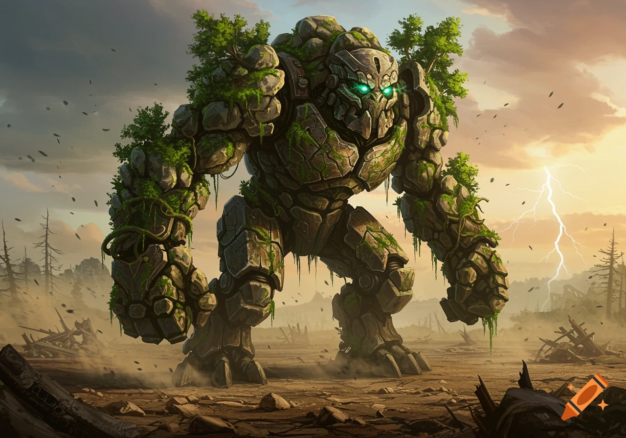 A colossal rock and tree golem with glowing green eyes stands in a desolate landscape under a stormy sky with lightning.