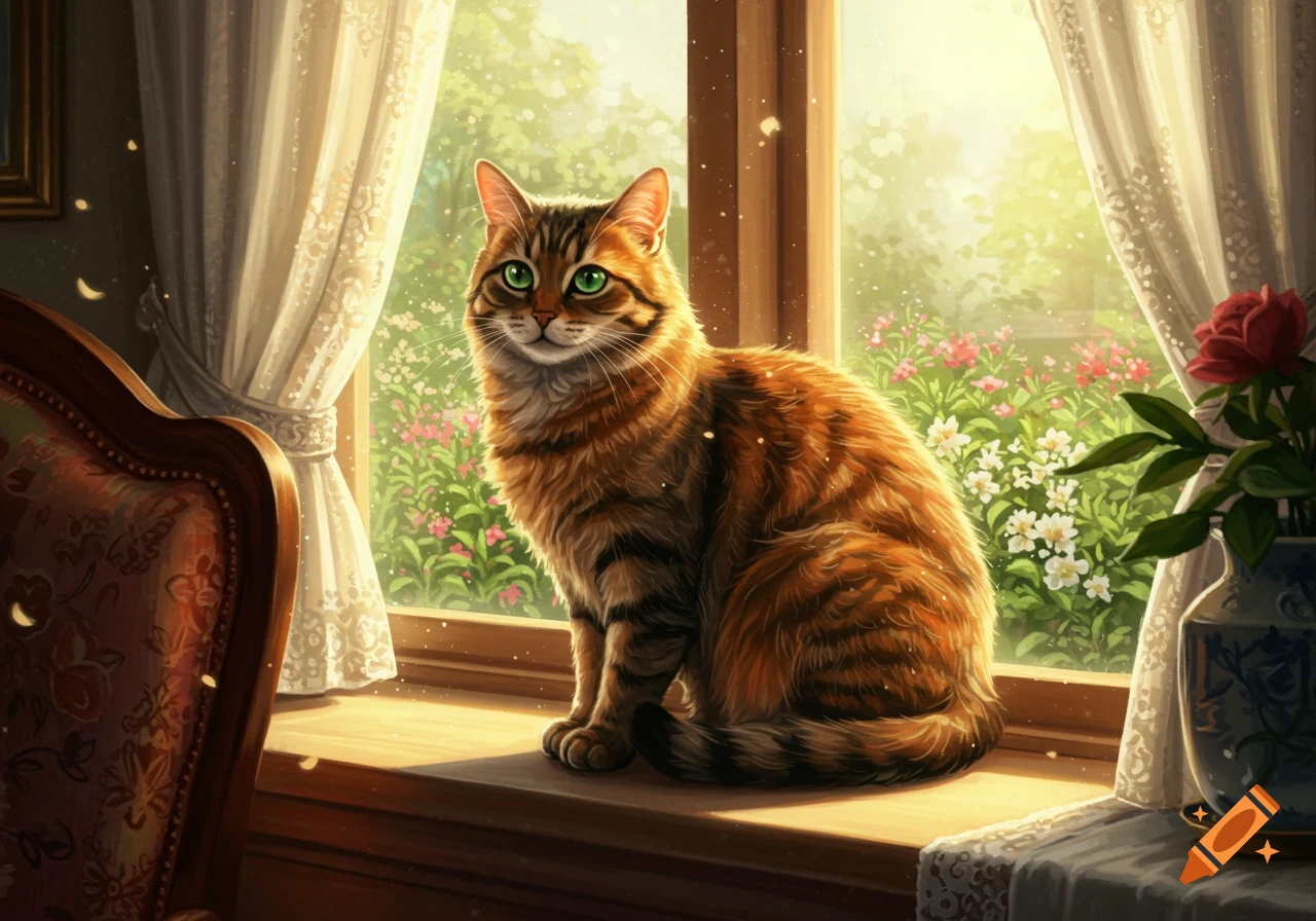A fluffy brown tabby cat with bright green eyes sits on a sunny windowsill, looking towards a colorful garden.