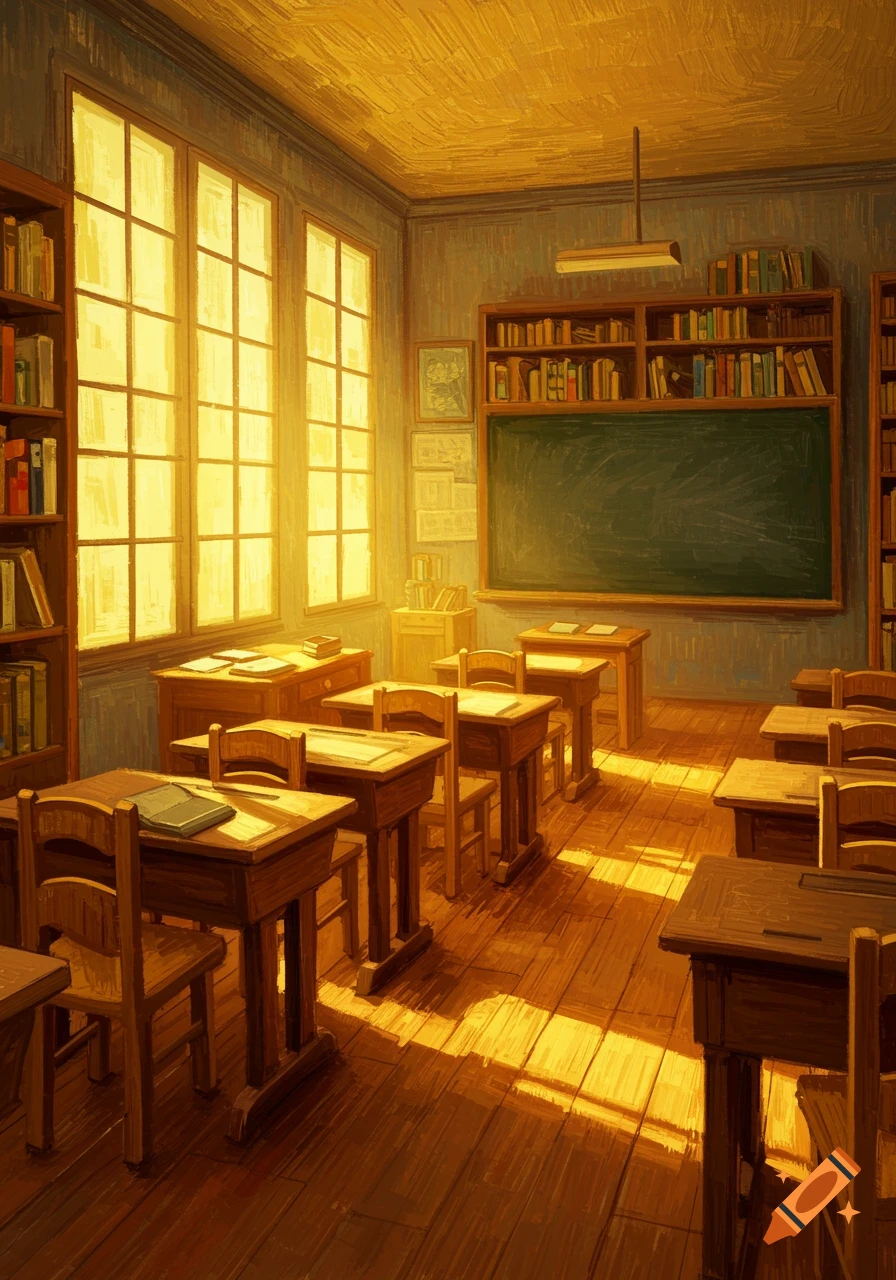 An empty classroom rendered in the vibrant, brushstroke style of Van Gogh, with warm sunlight streaming through large windows onto wooden desks and floors.