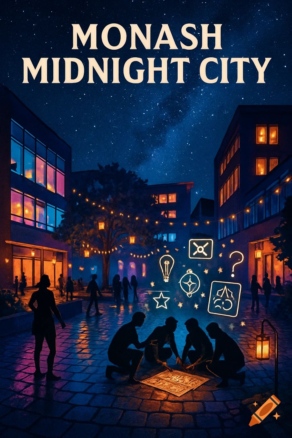 A stylized night scene of an urban area with buildings, people silhouetted on a cobblestone street, some looking at a glowing map, under a starry sky. Text: MONASH MIDNIGHT CITY.