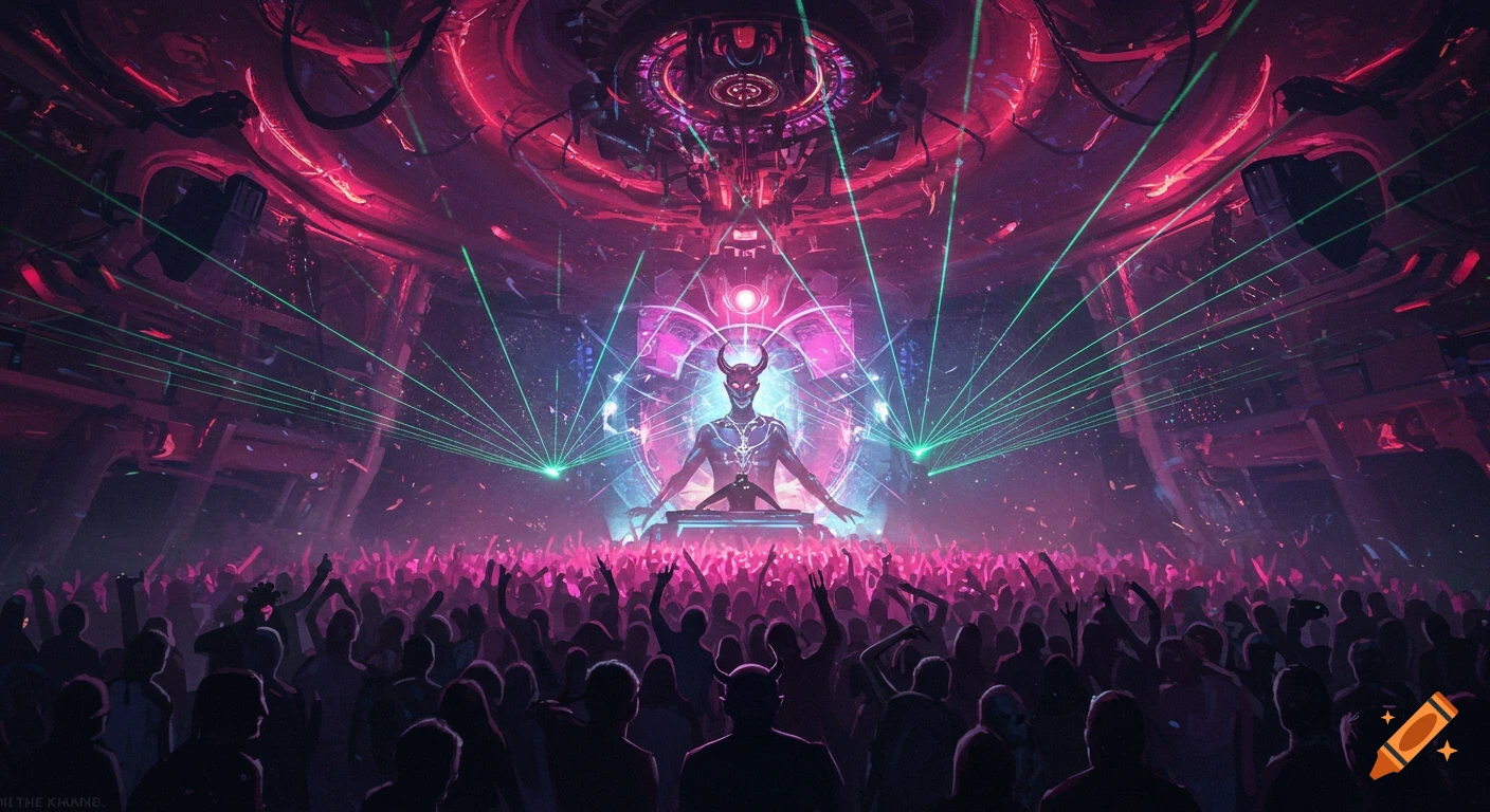 Devil-horned DJ on a glowing stage with pink lights and green lasers over a rave crowd in a futuristic venue. Digital art style.