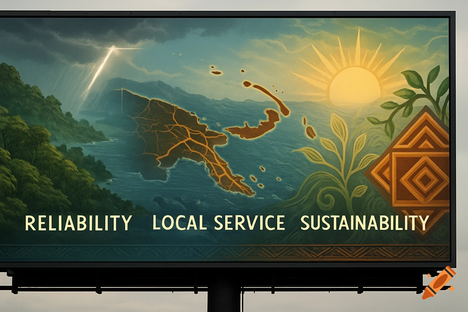 Artistic billboard depicting a map of Papua New Guinea with sun, rain, and lush landscape, displaying 'RELIABILITY LOCAL SERVICE SUSTAINABILITY'.