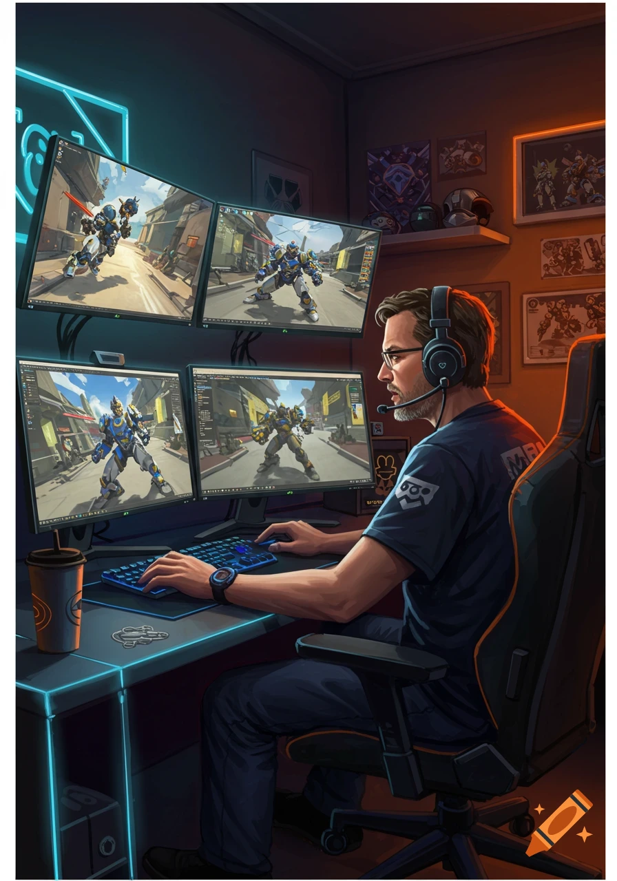 A man in a gaming headset plays a video game on a multi-monitor setup in a neon-lit room, digital art style.