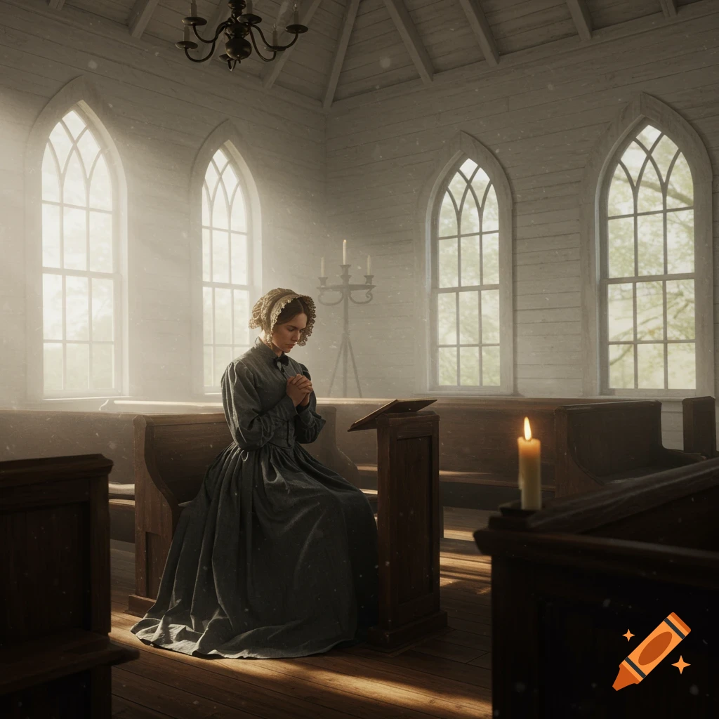 Realistic photo of a woman in Civil War-era dress praying in a sunlit white wooden church.