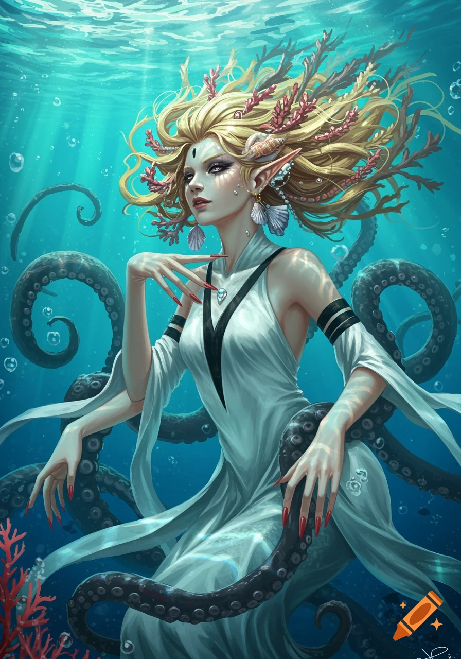 A beautiful sea elf with blonde hair mixed with seaweed and octopus legs, wearing white clothes, underwater.