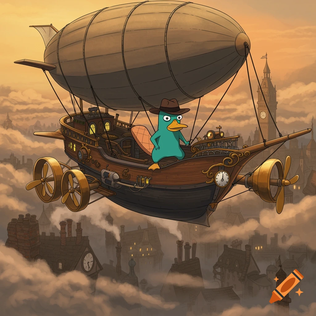 Perry the Platypus in a brown hat pilots a large steampunk airship above a city, with clouds and a sunset sky.