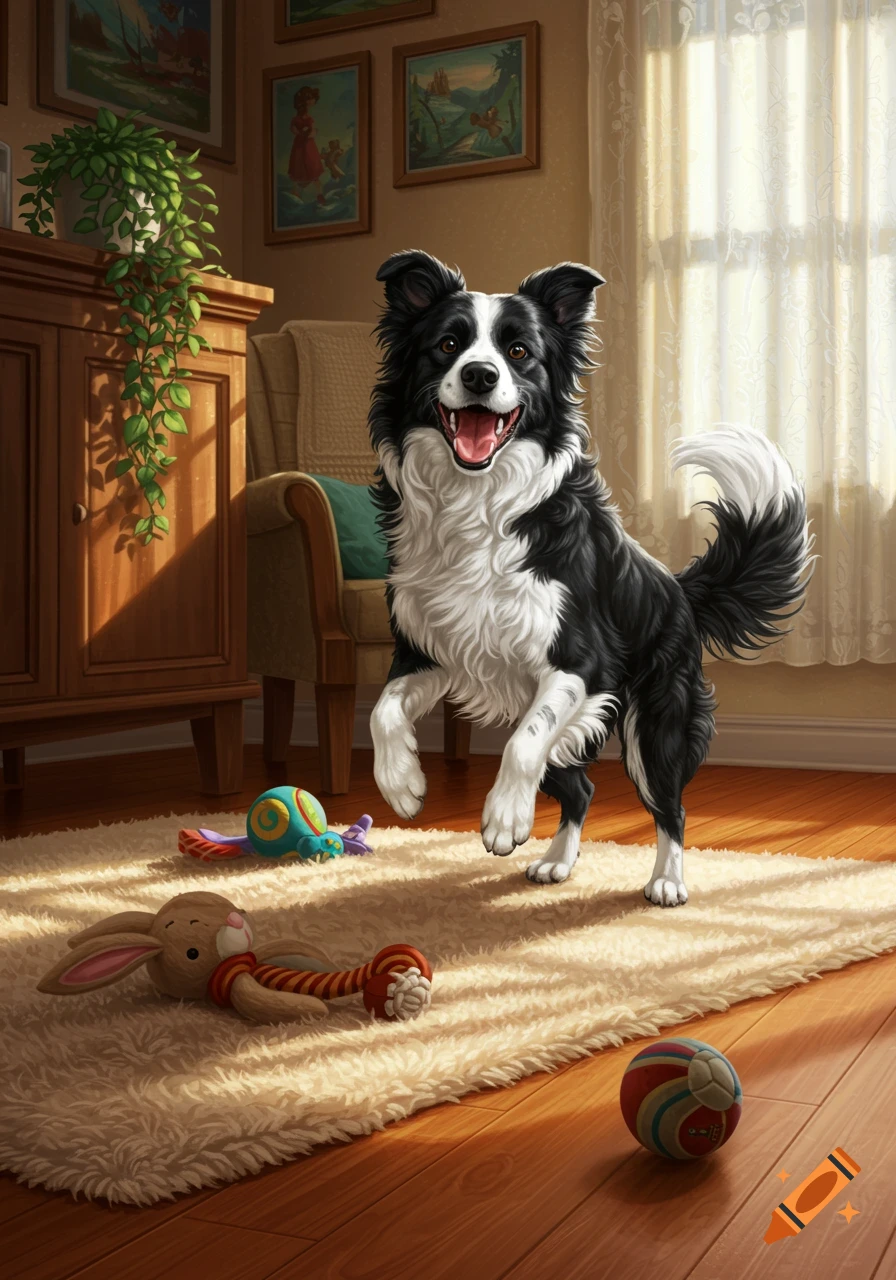 A happy black and white Border Collie dog jumps on a fluffy rug in a sunlit room, with toys on the floor.