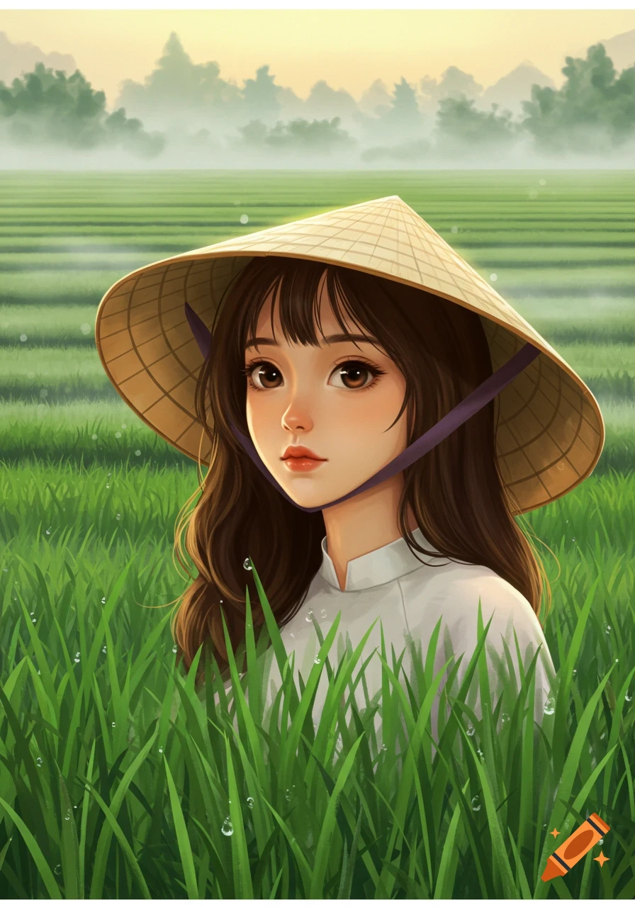 An anime-style illustration of a young Vietnamese girl wearing a traditional conical hat, standing in a lush green rice field with dew drops.