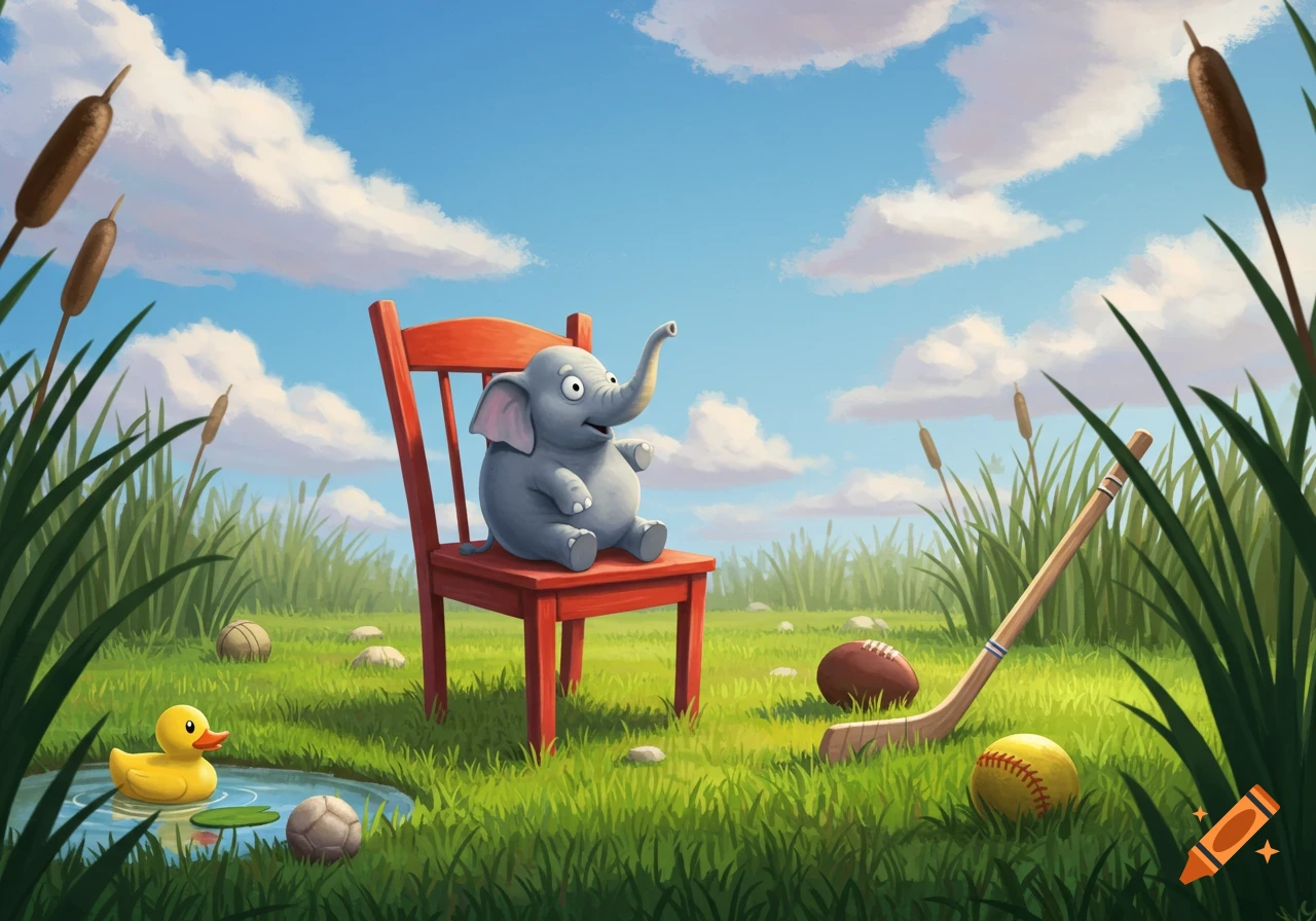 A whimsical illustration of a baby elephant on a red chair in a grassy field with a pond, a rubber duck, and sports equipment.