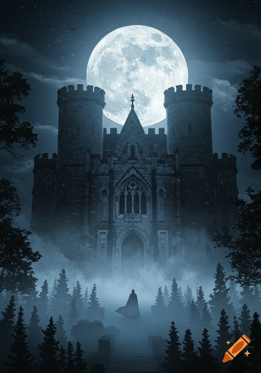 A dark, atmospheric scene of a gothic castle under a large full moon, with a cloaked figure walking through a foggy, silhouetted forest at night.