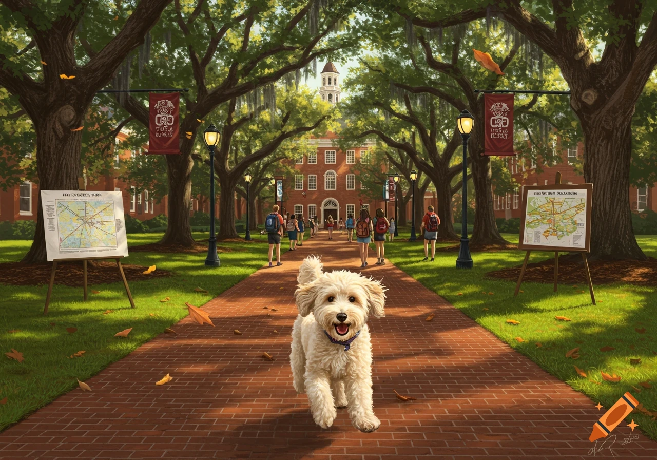 A goldendoodle runs on a brick path through the University of South Carolina campus, with students and large oak trees lining the path towards a stately brick building.