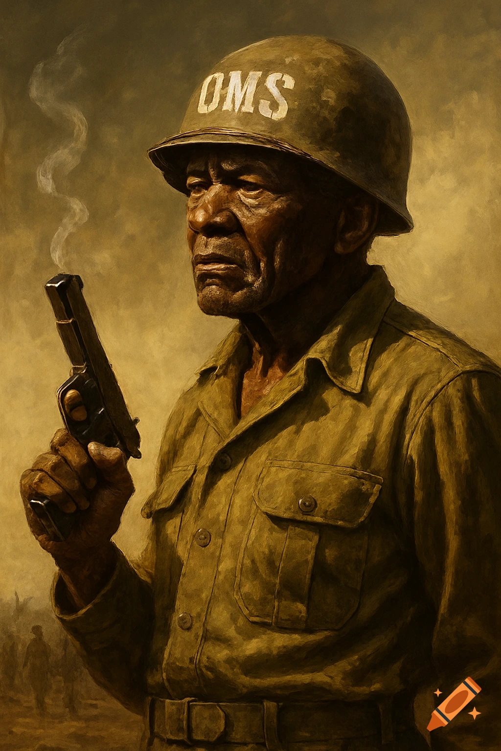 A grizzled old Black WWII soldier in a helmet marked 'OMS' holds a smoking pistol. Painterly style.