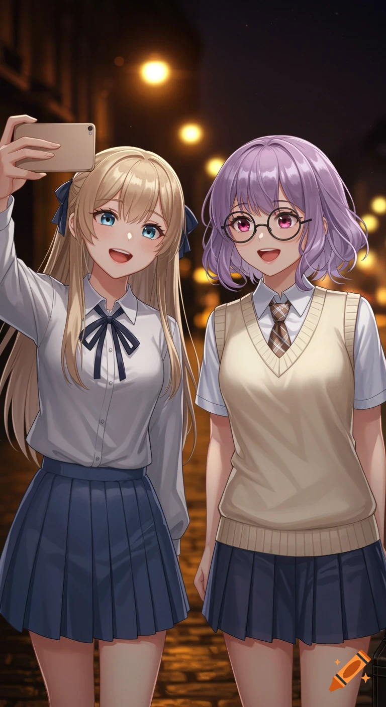 Two anime-style teenage girls in school uniforms take a selfie on a dimly lit city street at night.