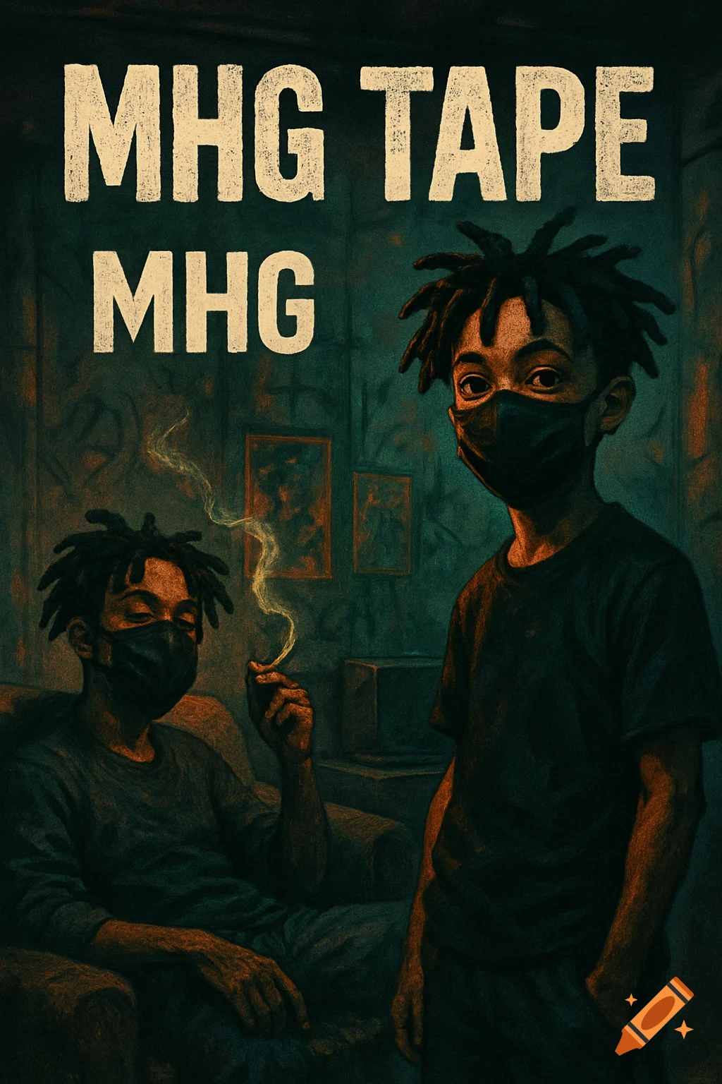Stylized illustration of two young Black males with dreadlocks and masks in a dim room. One smokes. Text: MHG TAPE MHG.