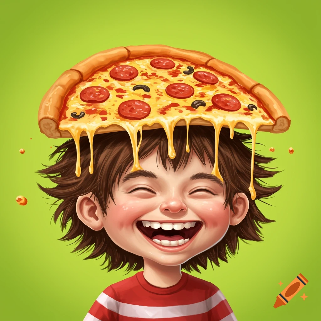 A happy cartoon child with a slice of melting pizza on their head, against a bright green background.