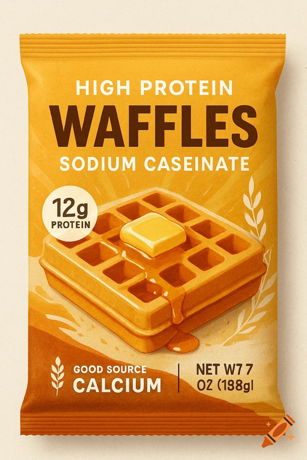 Illustration of orange waffle packaging with "High Protein Waffles" and "12g Protein" text, featuring a waffle with butter and syrup.