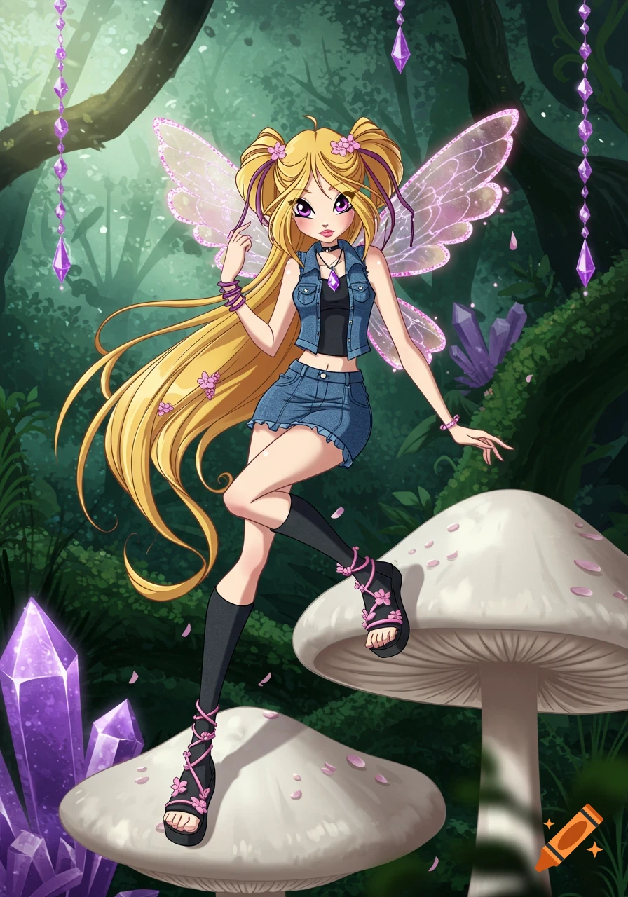 Anime fairy girl with blonde hair and wings sits on a giant mushroom in an enchanted forest with purple crystals.